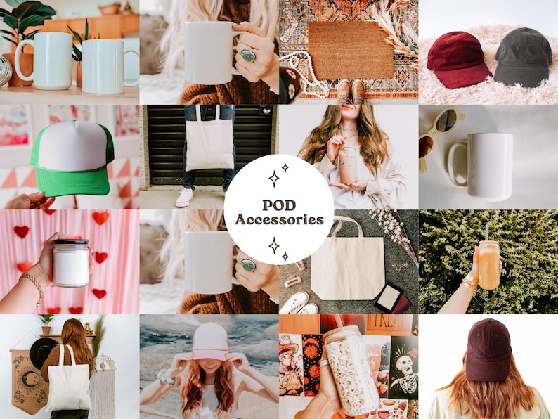 Puede incluir: Un collage de varios accesorios POD, que incluyen tazas blancas, una gorra de camionero verde y blanca, una bolsa de mano, una gorra de b&eacute;isbol granate y un tarro de cristal transparente. El texto "POD Accessories" est&aacute; en el centro.