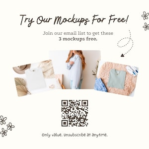 The image is a promotional graphic for a free mockup service, featuring a woman in a white sweater and a white shirt, along with a QR code and a text overlay.