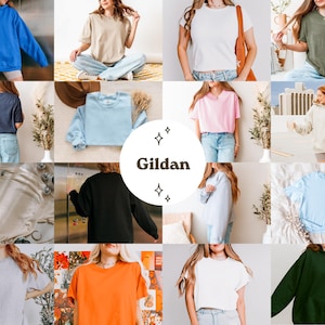 Puede incluir: Un collage de camisetas y sudaderas de la marca Gildan en varios colores, incluyendo azul, beige, blanco, verde, rosa y naranja. Las camisetas se muestran en modelos, mostrando los diferentes estilos y cortes.