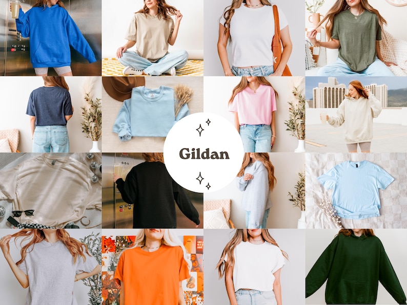 Puede incluir: Un collage de camisetas y sudaderas de la marca Gildan en varios colores, incluyendo azul, beige, blanco, verde, rosa y naranja. Las camisetas se muestran en modelos, mostrando los diferentes estilos y cortes.