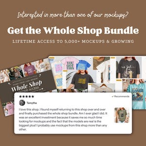 The image is a promotional graphic for a shop bundle, featuring a collage of various t-shirt designs and a review from a user who loved the shop.