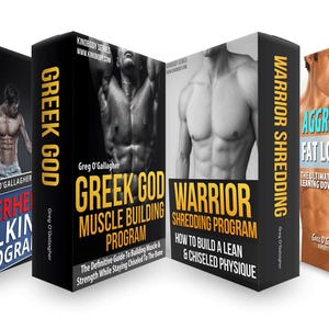 May include: A collection of six fitness program books by Greg O'Gallagher, including Bodyweight Mastery, Superhero Bulking, Greek God Muscle Building, Warrior Shredding, Aggressive Fat Loss 2.0, and Cardio Abs & Mobility, featuring various cover designs.
