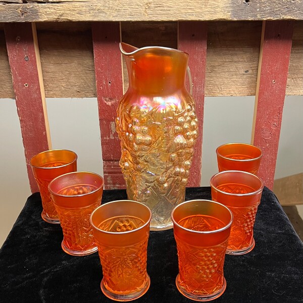 Antique Carnival Glass Pitcher and Glasses Etsy Ireland