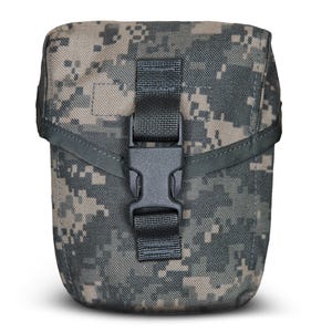 May include: A rectangular utility pouch featuring a digital camouflage pattern in shades of grey, black, and tan. The pouch is secured with a black nylon strap and a central plastic side-release buckle, with reinforced dark grey fabric trim along the top edge.