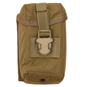 May include: A tan nylon canteen pouch with a buckle closure and a small pocket on the front.