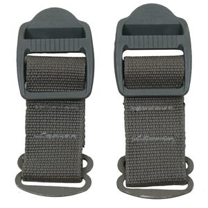 May include: Two identical dark gray nylon webbing straps, each featuring a rectangular plastic tension buckle at the top and a flat, rounded metal attachment hook at the bottom. The woven fabric straps are secured with visible horizontal stitching.