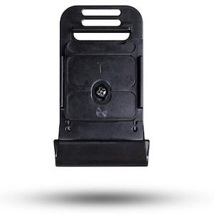 May include: A black camera accessory with a rectangular design. It features a series of slots at the top, a central screw, and a curved bottom section. The accessory is designed to attach to a camera.