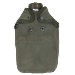 Authentic French Army Canteen with Cup and Pouch Canvas Green Indochina Algerian Military Surplus Uniform Camouflage Field Gear