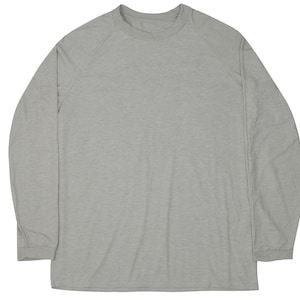 May include: A heather gray long-sleeve shirt. The shirt has a crew neck and raglan sleeves. The fabric appears to be a soft, lightweight material. The sleeves end with a ribbed cuff.