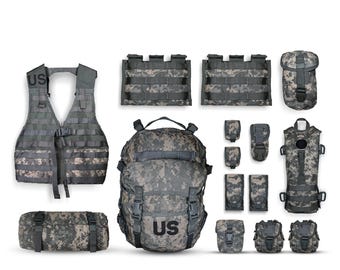 May include: A tactical gear set in a digital camouflage pattern, including a vest with US lettering, a large backpack with US lettering, a rolled pack, two rectangular pouches, and several smaller modular pouches with straps and buckles.