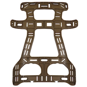 May include: A tan-colored, plastic, MOLLE compatible,  plate carrier frame with a grid pattern. The frame has two large openings in the front and a smaller opening in the back.
