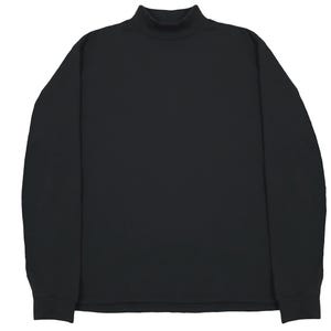 May include: A solid black long-sleeve shirt with a turtleneck collar. The shirt has a simple, minimalist design with long sleeves and a fitted silhouette. The fabric appears to be a smooth, opaque material.