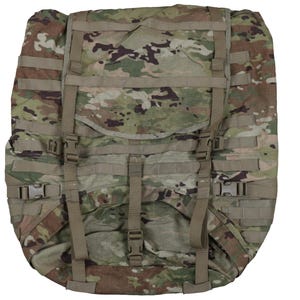 May include: A tactical backpack featuring a multi-colored camouflage pattern in shades of green, brown, and tan. The bag includes multiple horizontal webbing straps, vertical compression straps, and plastic side-release buckles for secure closure.