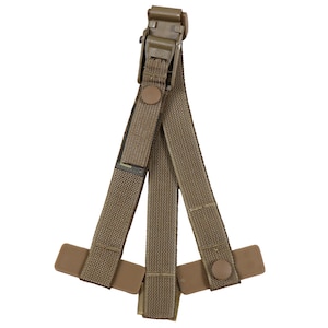 May include: A tan tactical helmet chin strap assembly featuring durable woven nylon webbing, a plastic quick-release buckle at the top, and two flat rectangular mounting tabs at the base, each secured with a matching tan circular snap button.