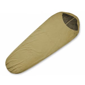 May include: A mummy-style sleeping bag in a solid tan color. The sleeping bag features a tapered design with a rounded head section and a dark brown mesh opening at the top, providing a functional enclosure for outdoor rest and sleeping.
