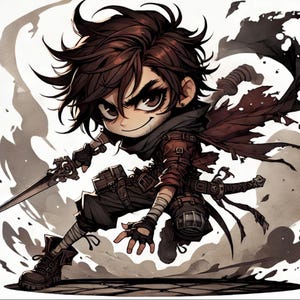 May include: A cartoon illustration of a character with brown hair, wearing a red and black outfit, holding a sword. The character is in a fighting pose, with a determined expression on their face.