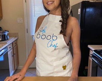 Side Boob Chef apron in Mermaid (green blue shimmer) on white