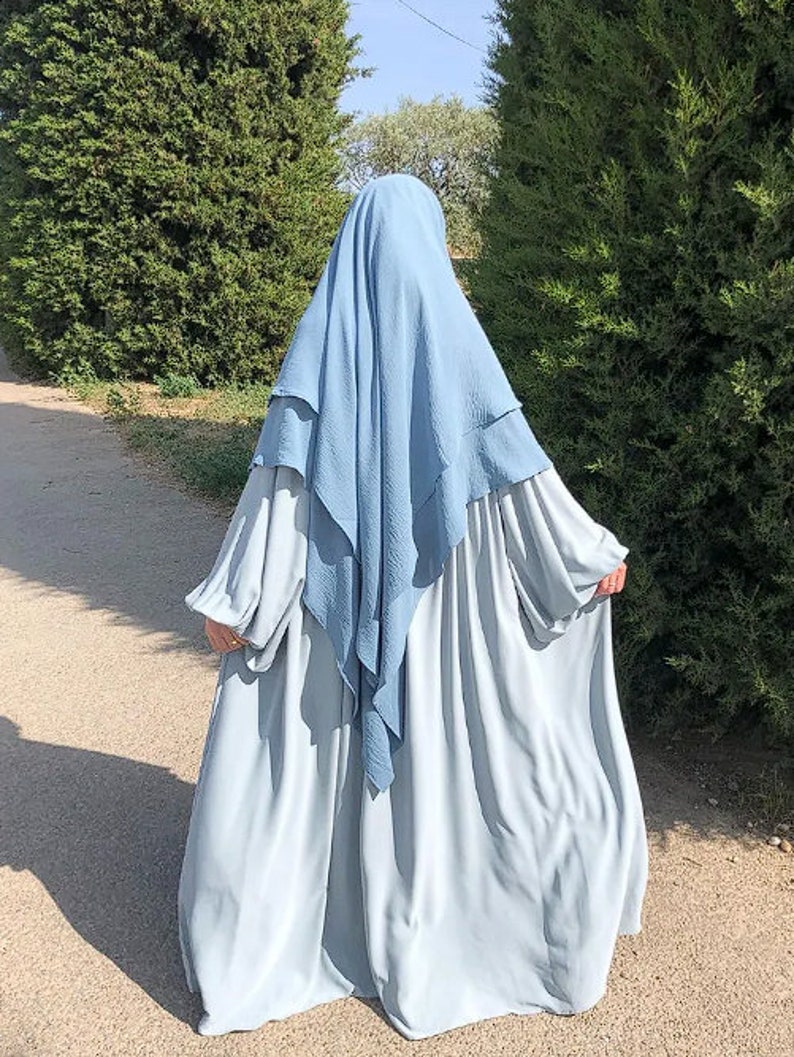 Long Khimar Ramdan Eid Musulman Long Hijab Foulard Jilbab Jubha une pièce pour femme Vêtements islamiques Hijabs Musulman Vêtement de prière Baby blauw