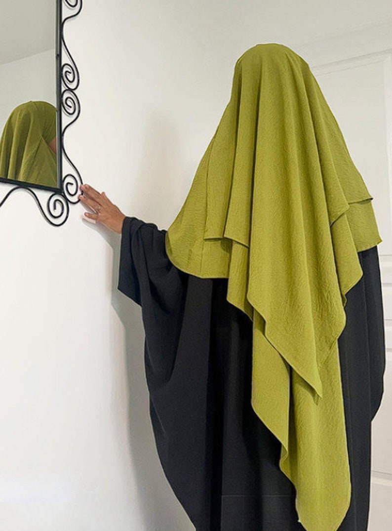 Long Khimar Ramdan Eid Musulman Long Hijab Foulard Jilbab Jubha une pièce pour femme Vêtements islamiques Hijabs Musulman Vêtement de prière Geel groen