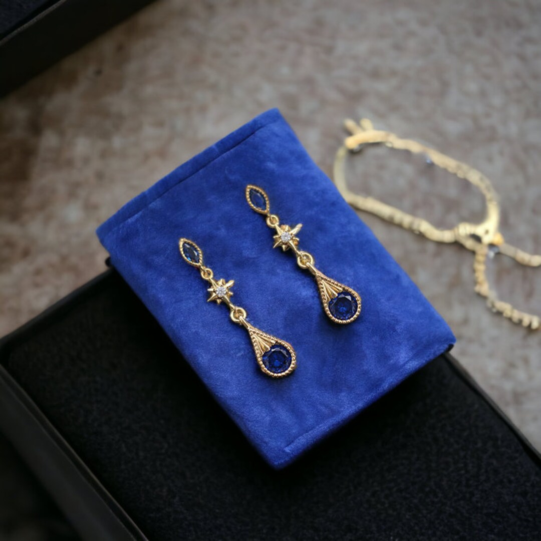 Dainty Blue Stone Earrings for Women, Blue Gold Earrings With Starburst