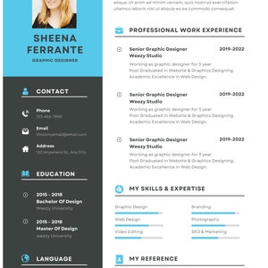May include: A resume for Sheena Ferrante, a graphic designer. The resume includes her contact information, work experience, education, skills, and references. The resume is designed in a modern style with a blue and grey colour scheme.