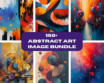 May include: A collection of six abstract art images featuring vibrant colors, geometric shapes, and bold brushstrokes. The images are arranged in a grid with a purple banner in the center that reads "150+ ABSTRACT ART IMAGE BUNDLE".