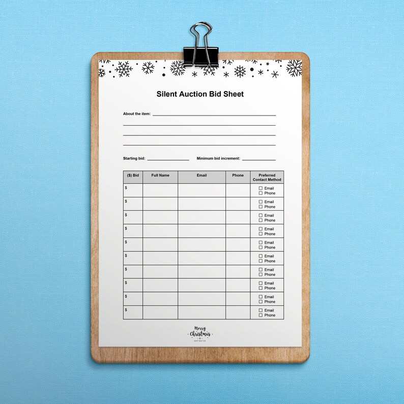 Editable PDF, Silent Auction Sheet for Christmas and Holiday Season ...