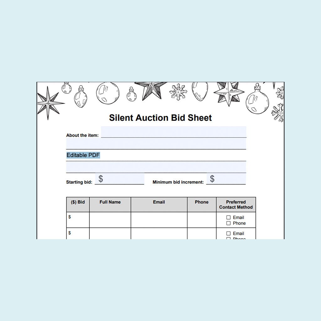 Editable PDF, Silent Auction Sheet for Christmas and Holiday Season ...