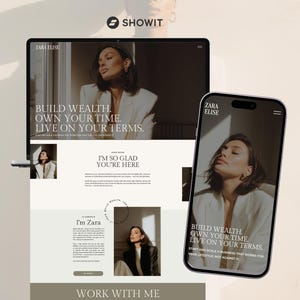 Może przedstawiać: Laptop i smartfon wyświetlające interfejs strony internetowej Zara Elise. Ekran zawiera tekst Build Wealth. Own Your Time. Live On Your Terms. Projekt charakteryzuje się neutralną paletą kolorów oraz fotografiami osoby ubranej w marynarkę.