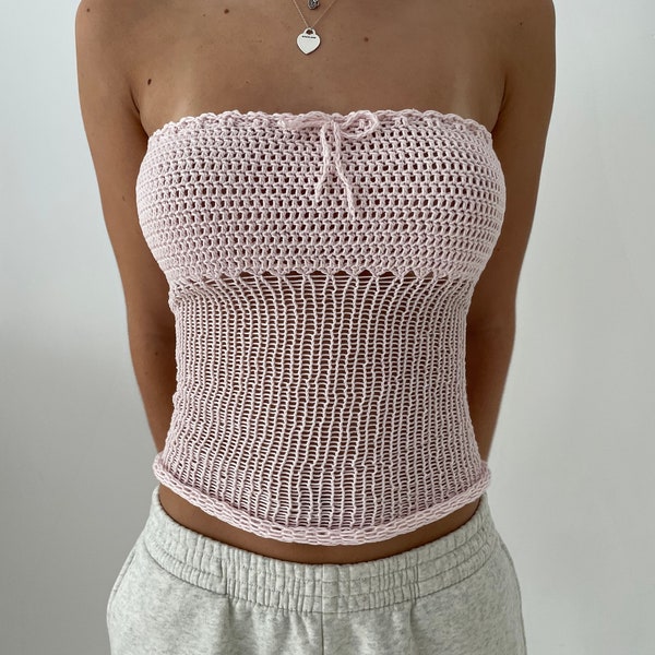 Pink knit crochet bow tube top
