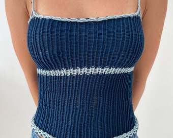 Navy blue stripe knit tie bow strap top