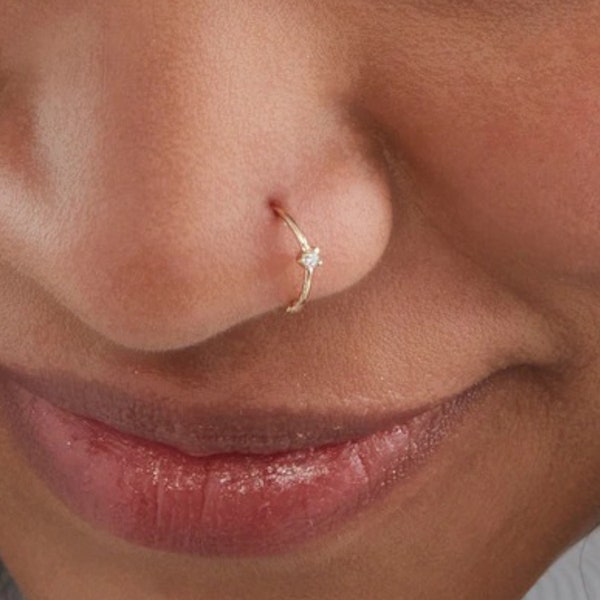 Real Diamond Nose Ring with 14K gold, Genuine Diamond Nose Hoop,  Nose Ring Diamonds,Diamond Nose Jewelry,Diamond Nose Piercing Diamond Ring