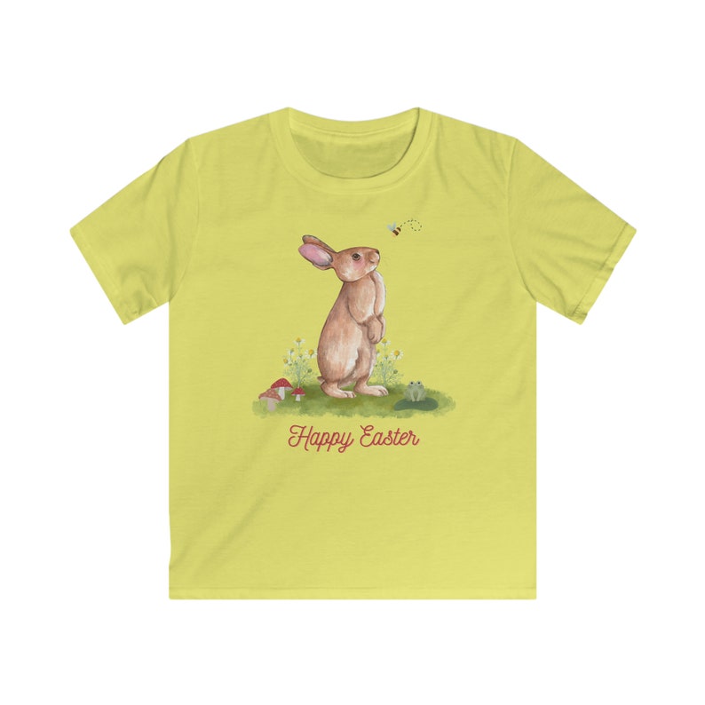 Kids Softstyle Tee, Easter T Shirt, Childrens Rabbit design T Shirt. Perfect gift for Easter. Cornsilk