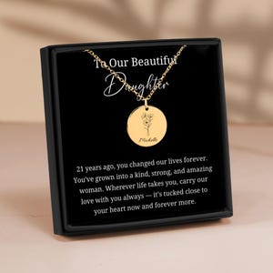 Cadeau de 21e anniversaire pour fille de maman et papa, collier de pièce de monnaie personnalisé avec nom, fleur de naissance, zodiaque, carte à message sentimental