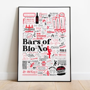 May include: A framed art print featuring a black and red graphic design with the text "Bars of Blo-No". The artwork includes illustrations of various bars and pubs, with their names and logos.