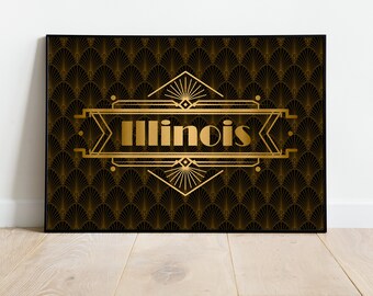 Illinois Art Deco Style Poster Print Wall Art- Black and Gold
