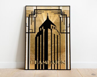 Champaign Illinois City Building Poster Print- Art Deco Style Black and Gold