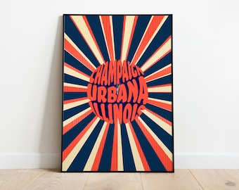 Champaign-Urbana, Illinois Retro Style Poster Print- Orange and Blue