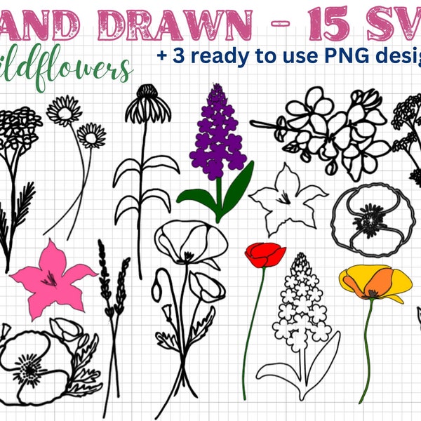Hand drawn Wildflower SVG PNG Bundle for Print on Demand, cards, mugs, personalized logo, decal, floral frame, flower border, gifts