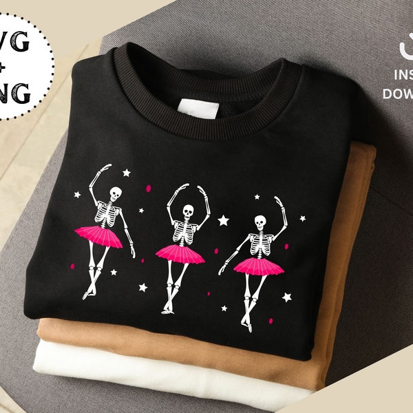 Halloween SVG PNG files three cute skeleton ballerina dancing in pink tutu stars in background