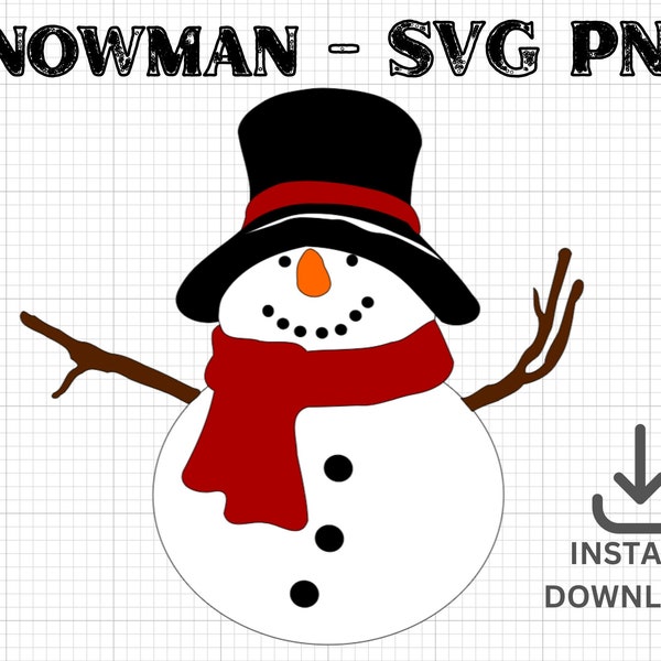 Snowman with tall hat, red scarf, twig arms for Christmas Holiday Winter SVG PNG for Print on Demand for shirts, mugs, gifts, ugly sweater