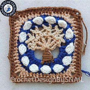 Oma Quadrat Muster von Baum des Lebens und bewölktem Himmel / Thema Luft und Erde / PDF Muster / englische Anleitung