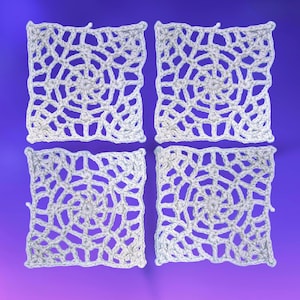 May include: Four square, off-white crochet doilies arranged on a purple background. Each doily features a central spiral design surrounded by an open, web-like pattern. The crochet work appears to be made of a soft, textured yarn.