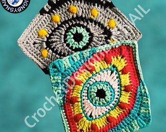 Evil Eye Granny Crochet Square Pattern -Third Eye-Unique and Modern Witchy Design - Instant Digital Download PDF- English
