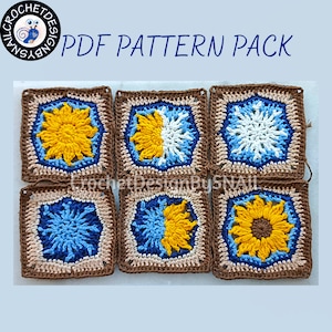 Peut inclure: Six carrés au crochet avec différentes combinaisons de couleurs marron, bleu, blanc et jaune. Les carrés présentent un motif en forme de soleil. Le texte "PDF PATTERN PACK" est en haut de l'image.