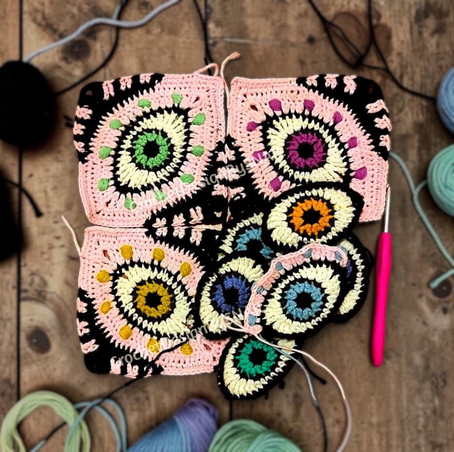 19 Evil Eye Crochet Patterns: Coasters, Squares and Home Decor 2 Evil Eye Crochet Granny Square Pattern: Modern Witchy