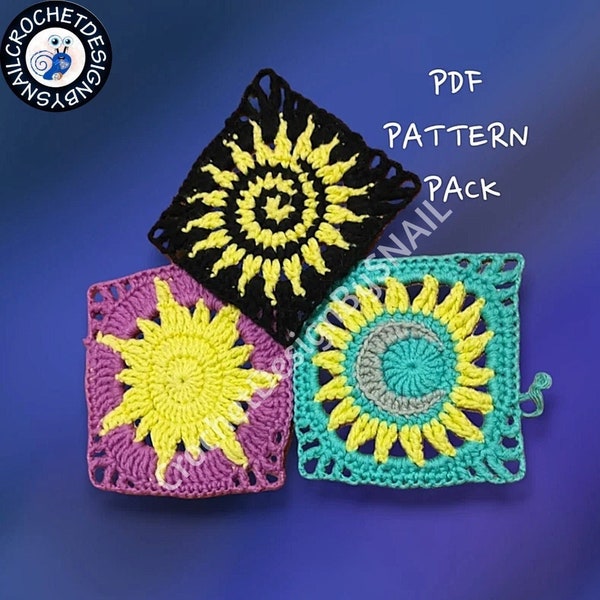 Spiral Sun/ Tangled Sun/ Sun and Moon Together Granny Square Pattern PACK / PDF / English