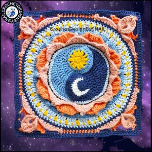 May include: A crocheted square with a sun and moon design in the center. The design is surrounded by layers of crocheted flowers in shades of blue, pink, and orange. The background is a dark purple with a galaxy pattern. The text "CrochetDesignBySNAIL" is visible in the center of the square.