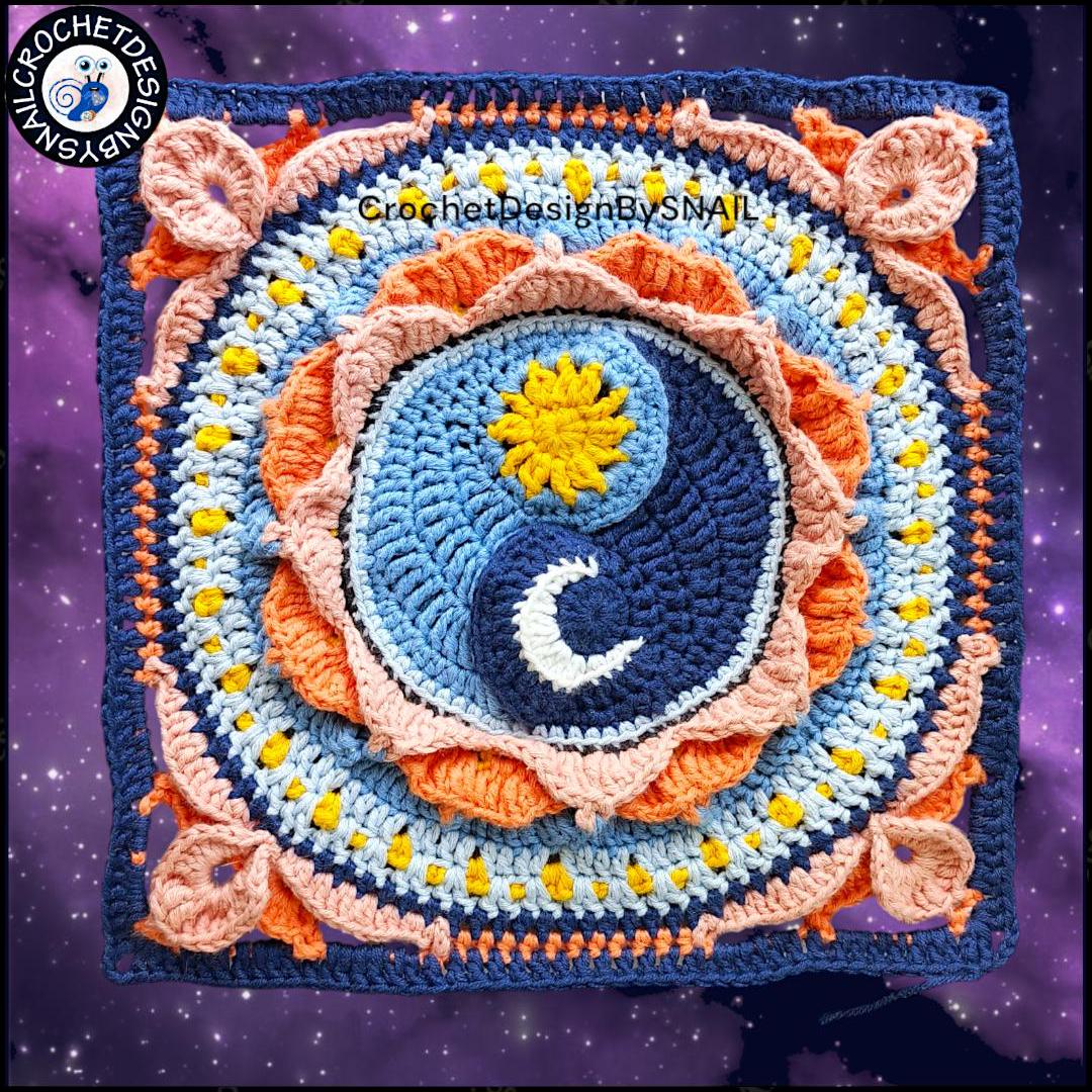 Celestial Yin-Yang with Lotus Flowers Big Granny Square PDF Pattern - Written pattern with English instructions