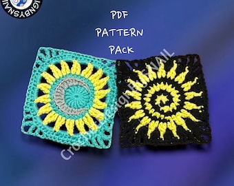 Spiral Sun + Sun and Moon Together Granny Square Patterns / PDF/ English / Celestial Crochet Package